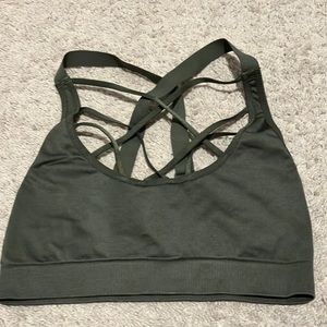 Victoria Sport Bra Forest Green Mesh V Neck Strappy Workout VSX Size Medium